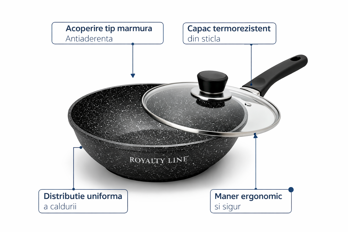 Wok din Aluminiu Turnat 28 cm, 3.7L, Acoperire Marmura, Capac Sticla, Royalty Line