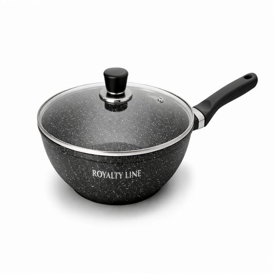 Wok din Aluminiu Turnat 30 cm, 4.4L, Acoperire Marmura, Capac Sticla, Royalty Line
