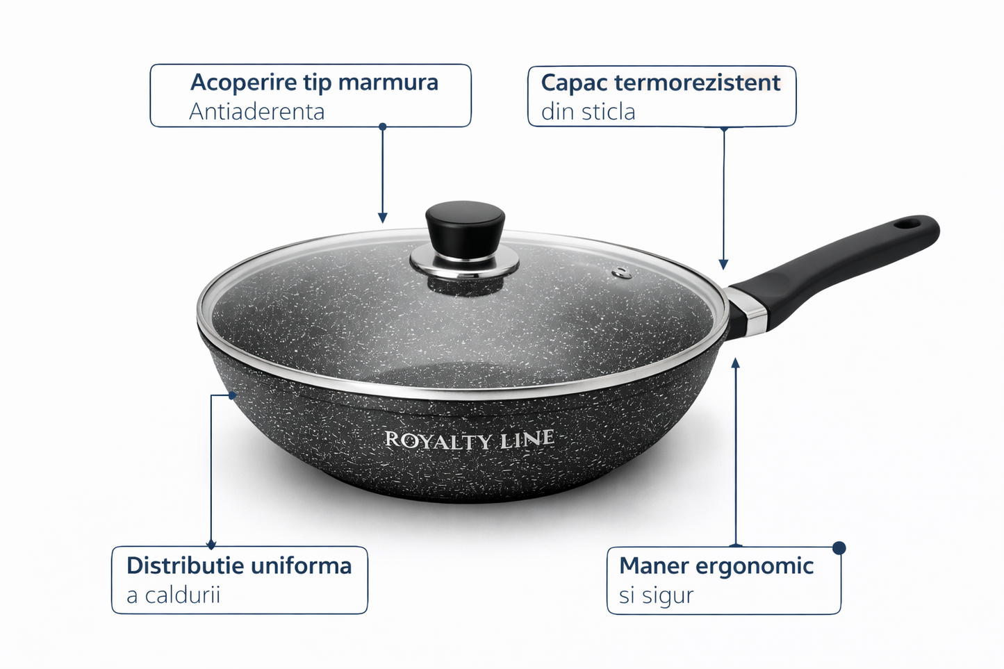Wok din Aluminiu Turnat 30 cm, 4.4L, Acoperire Marmura, Capac Sticla, Royalty Line