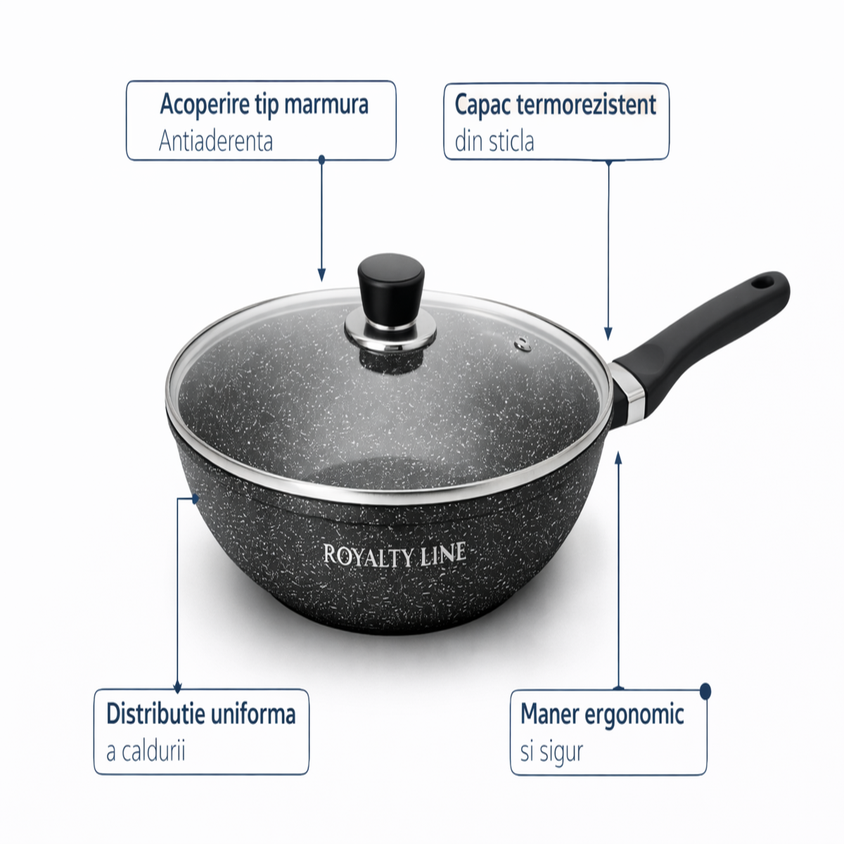 Wok din Aluminiu Turnat 30 cm, 4.4L, Acoperire Marmura, Capac Sticla, Royalty Line