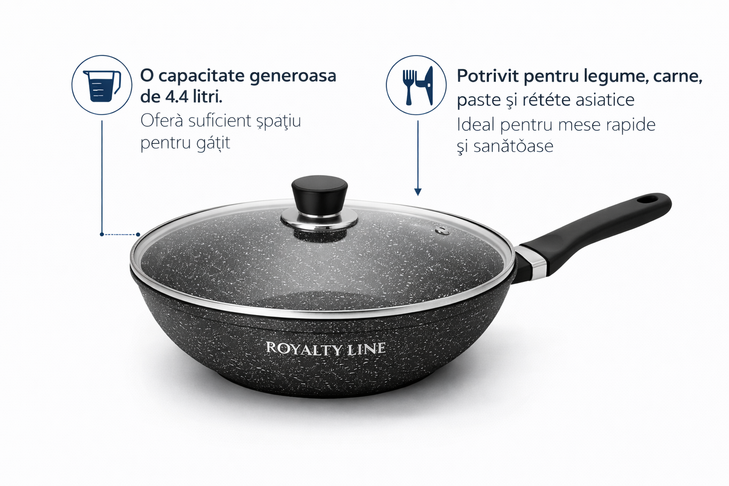 Wok din Aluminiu Turnat 30 cm, 4.4L, Acoperire Marmura, Capac Sticla, Royalty Line