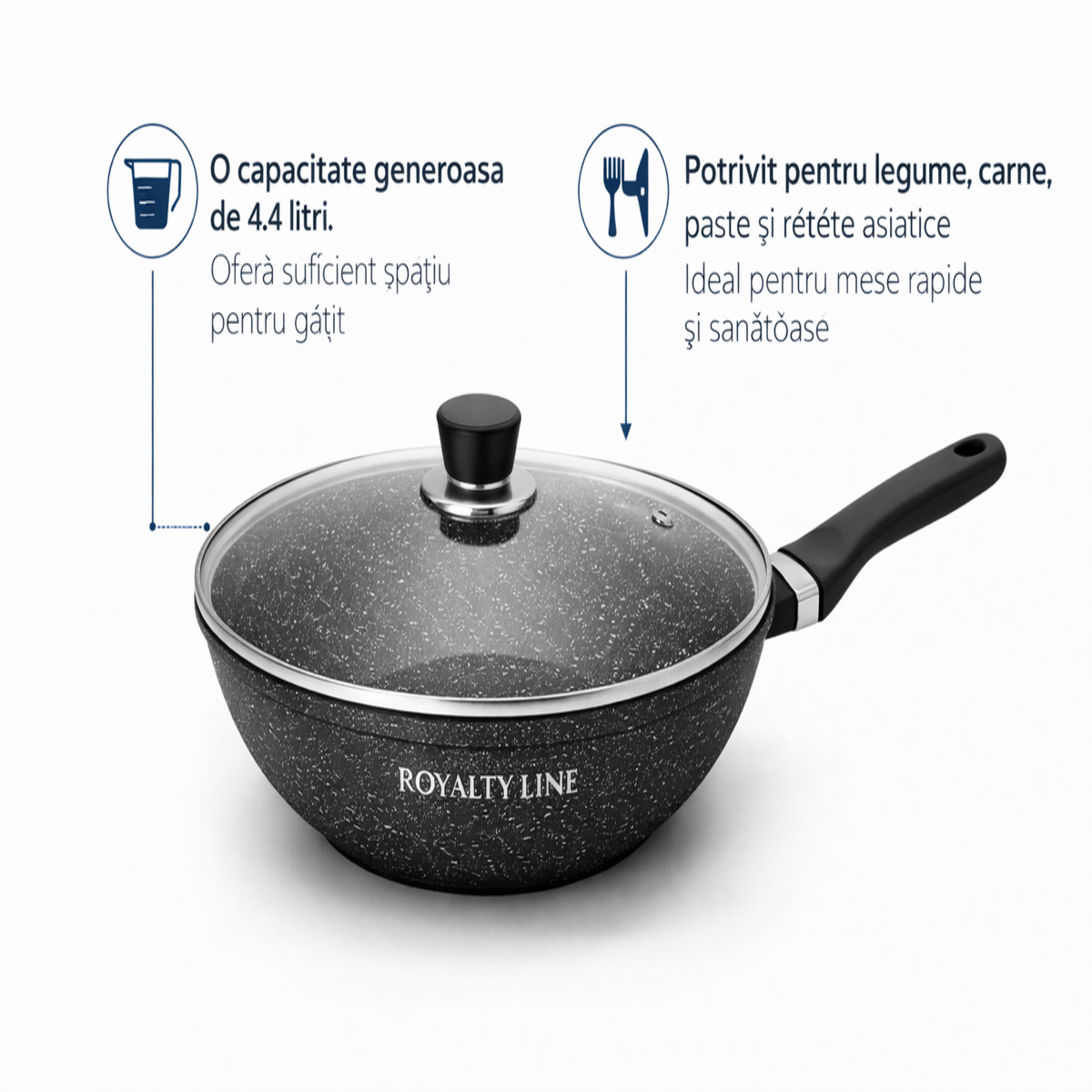 Wok din Aluminiu Turnat 30 cm, 4.4L, Acoperire Marmura, Capac Sticla, Royalty Line