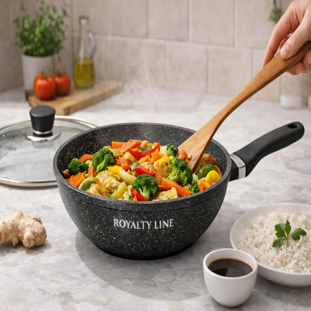 Wok din Aluminiu Turnat 30 cm, 4.4L, Acoperire Marmura, Capac Sticla, Royalty Line