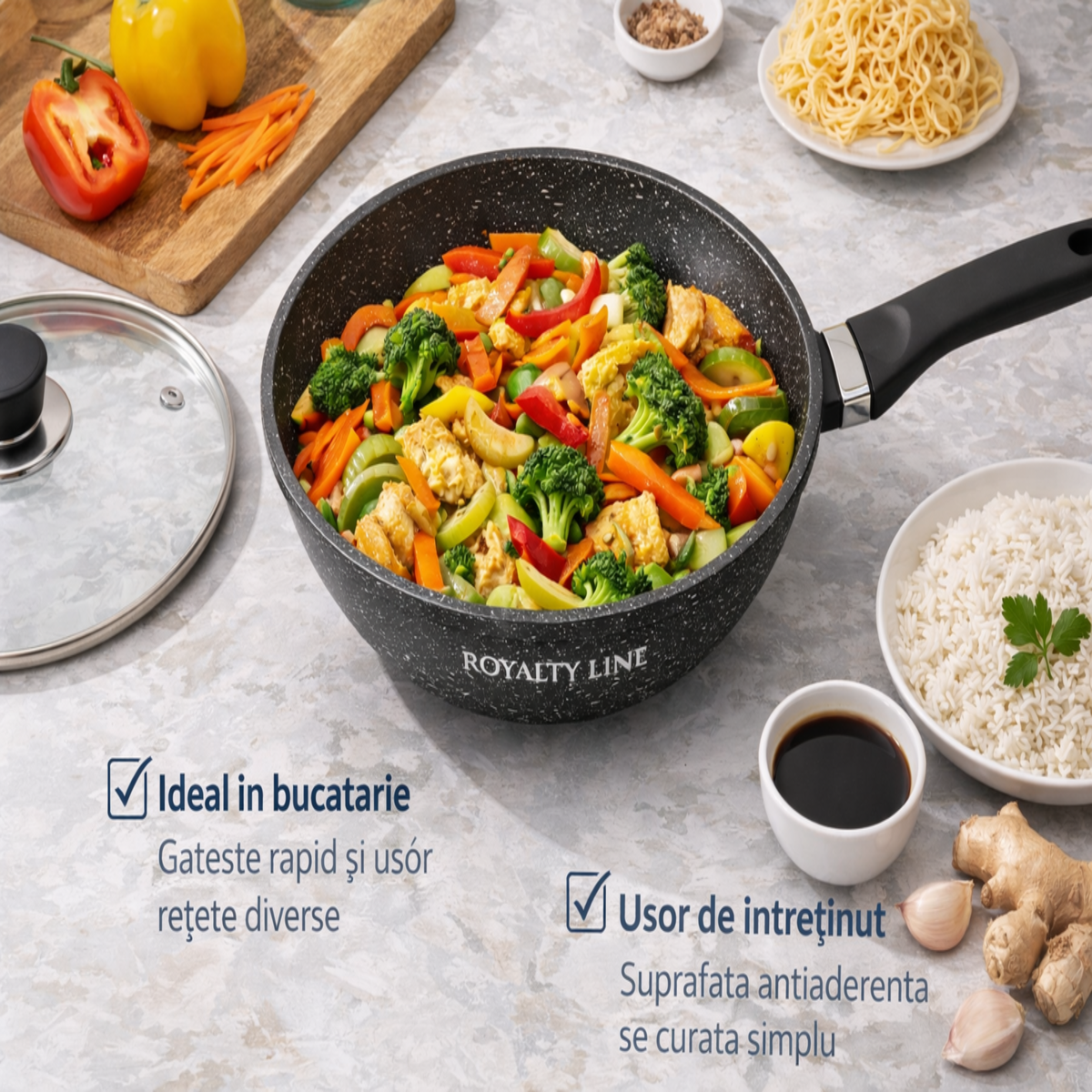 Wok din Aluminiu Turnat 30 cm, 4.4L, Acoperire Marmura, Capac Sticla, Royalty Line