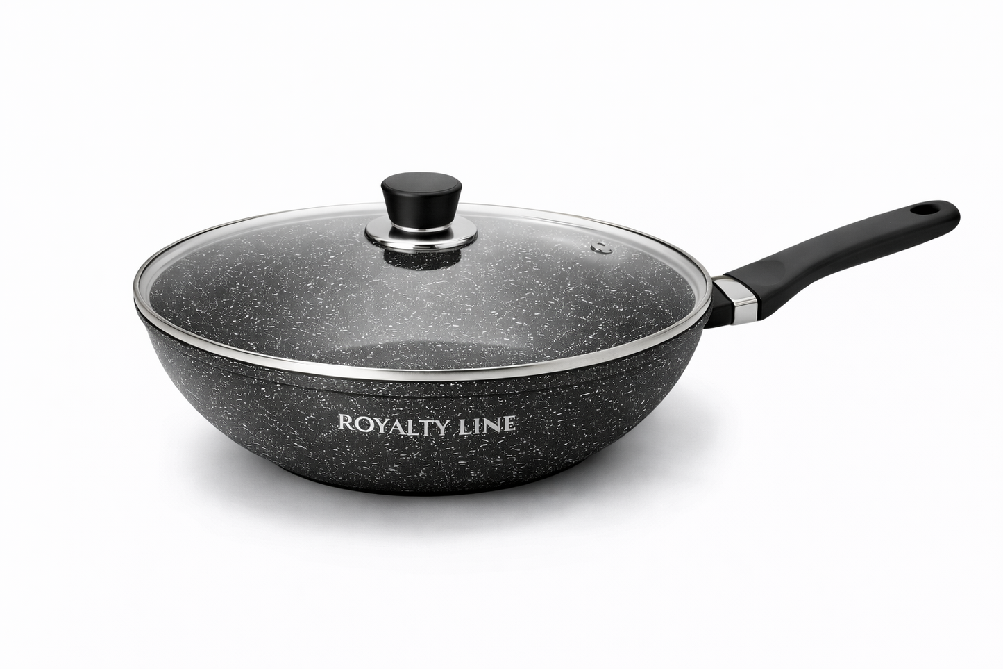 Wok din Aluminiu Turnat 32 cm, 5.9L, Acoperire Marmura, Capac Sticla, Royalty Line