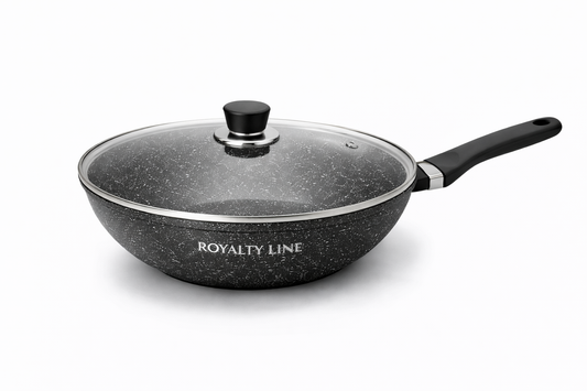 Wok din Aluminiu Turnat 32 cm, 5.9L, Acoperire Marmura, Capac Sticla, Royalty Line