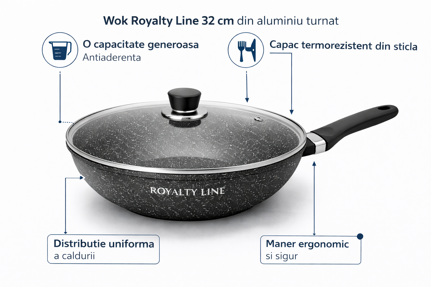 Wok din Aluminiu Turnat 32 cm, 5.9L, Acoperire Marmura, Capac Sticla, Royalty Line