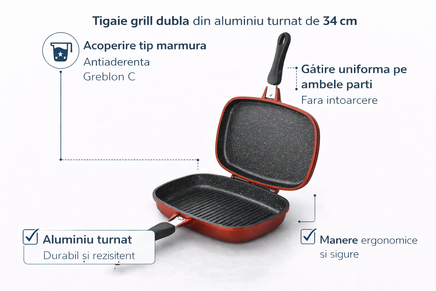 Tigaie Grill Dubla 34 cm, Aluminiu Turnat, Marmura Antiaderenta