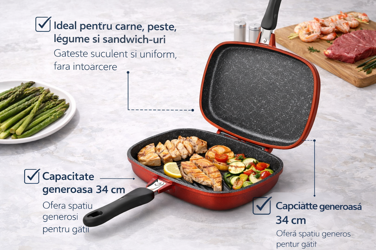 Tigaie Grill Dubla 34 cm, Aluminiu Turnat, Marmura Antiaderenta