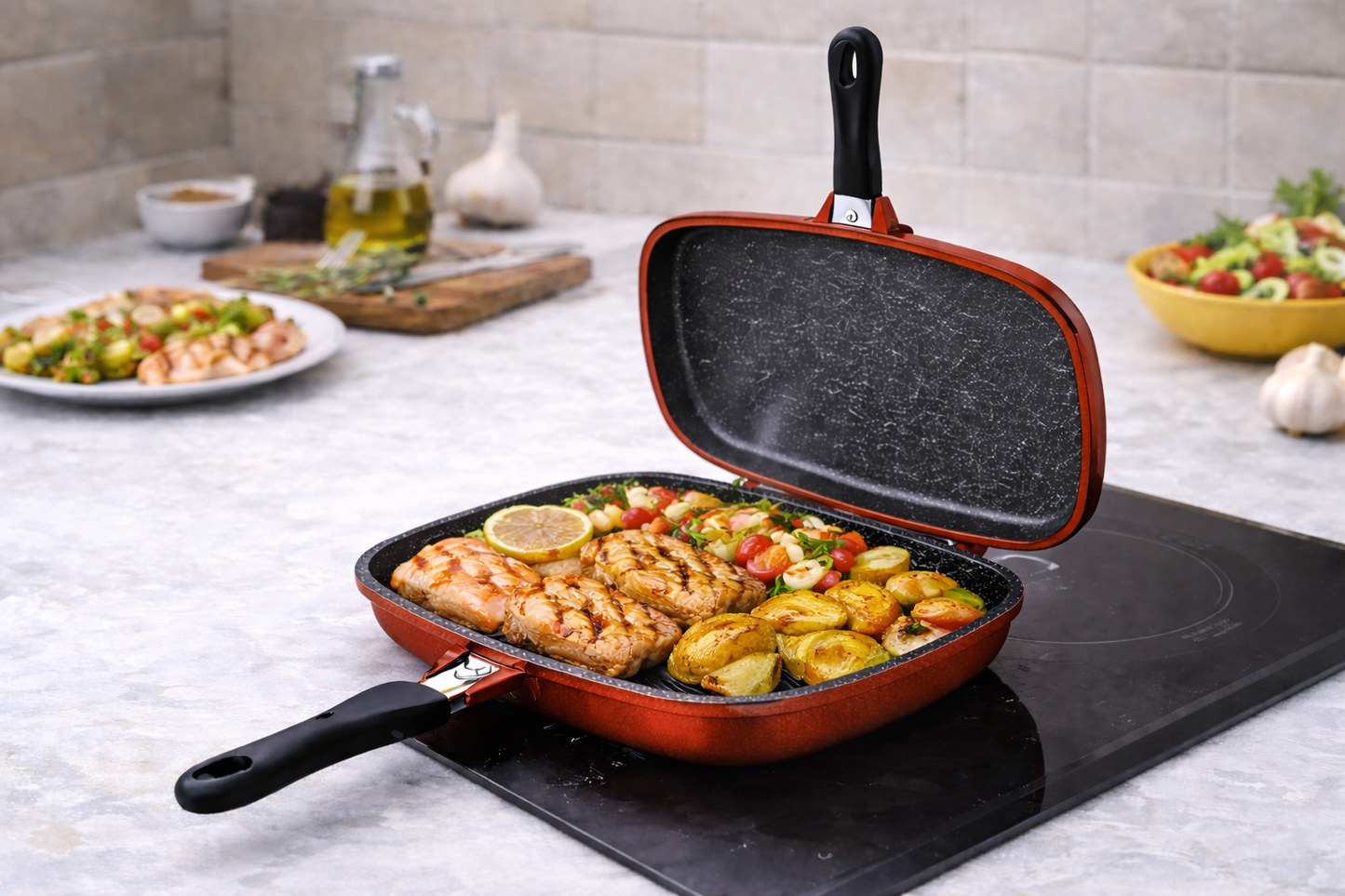 Tigaie Grill Dubla 34 cm, Aluminiu Turnat, Marmura Antiaderenta