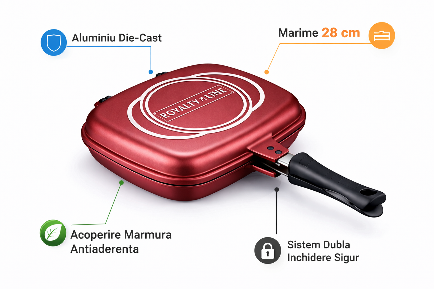 Tigaie Dubla Grill 28 cm, Marmura Antiaderenta, Aluminiu Turnat
