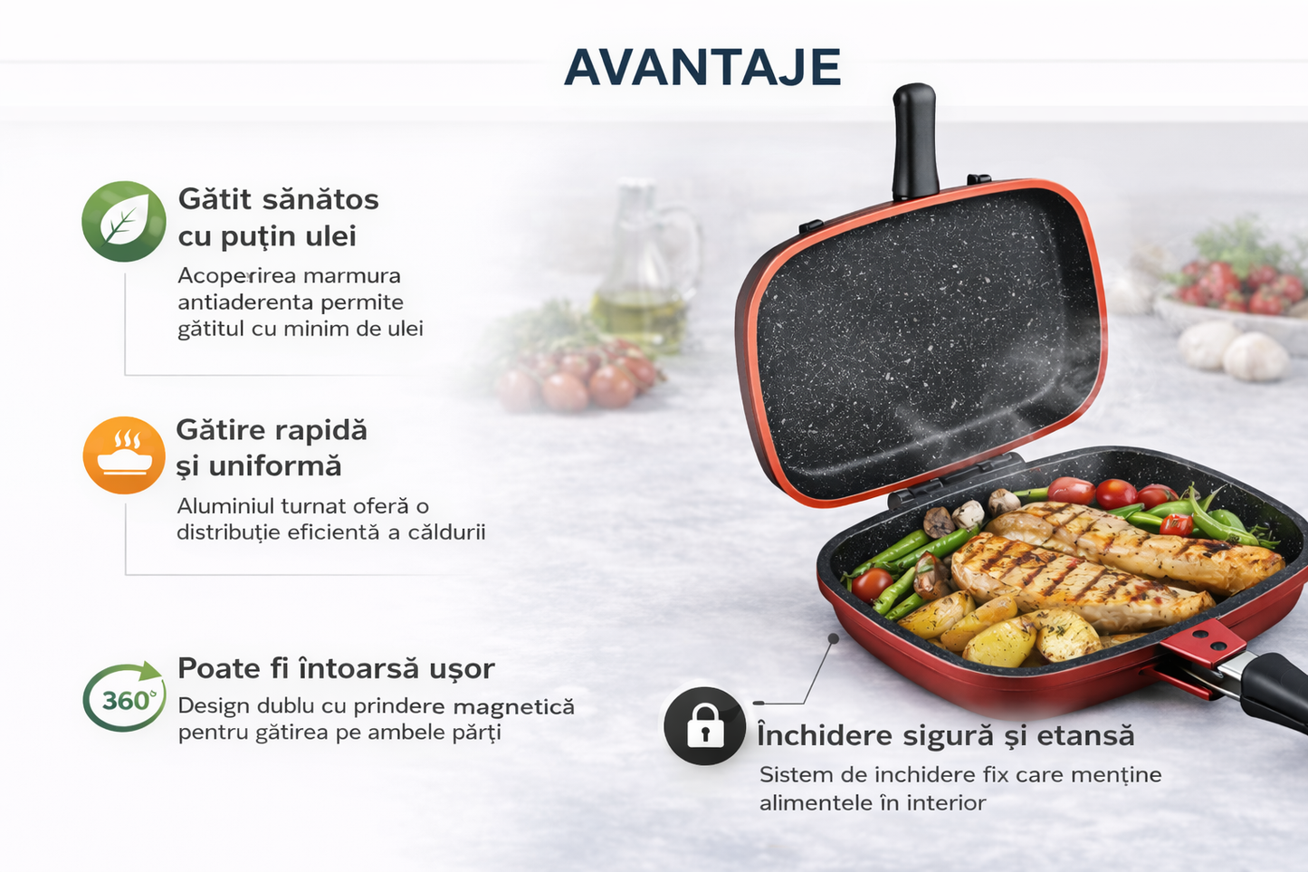 Tigaie Dubla Grill 28 cm, Marmura Antiaderenta, Aluminiu Turnat