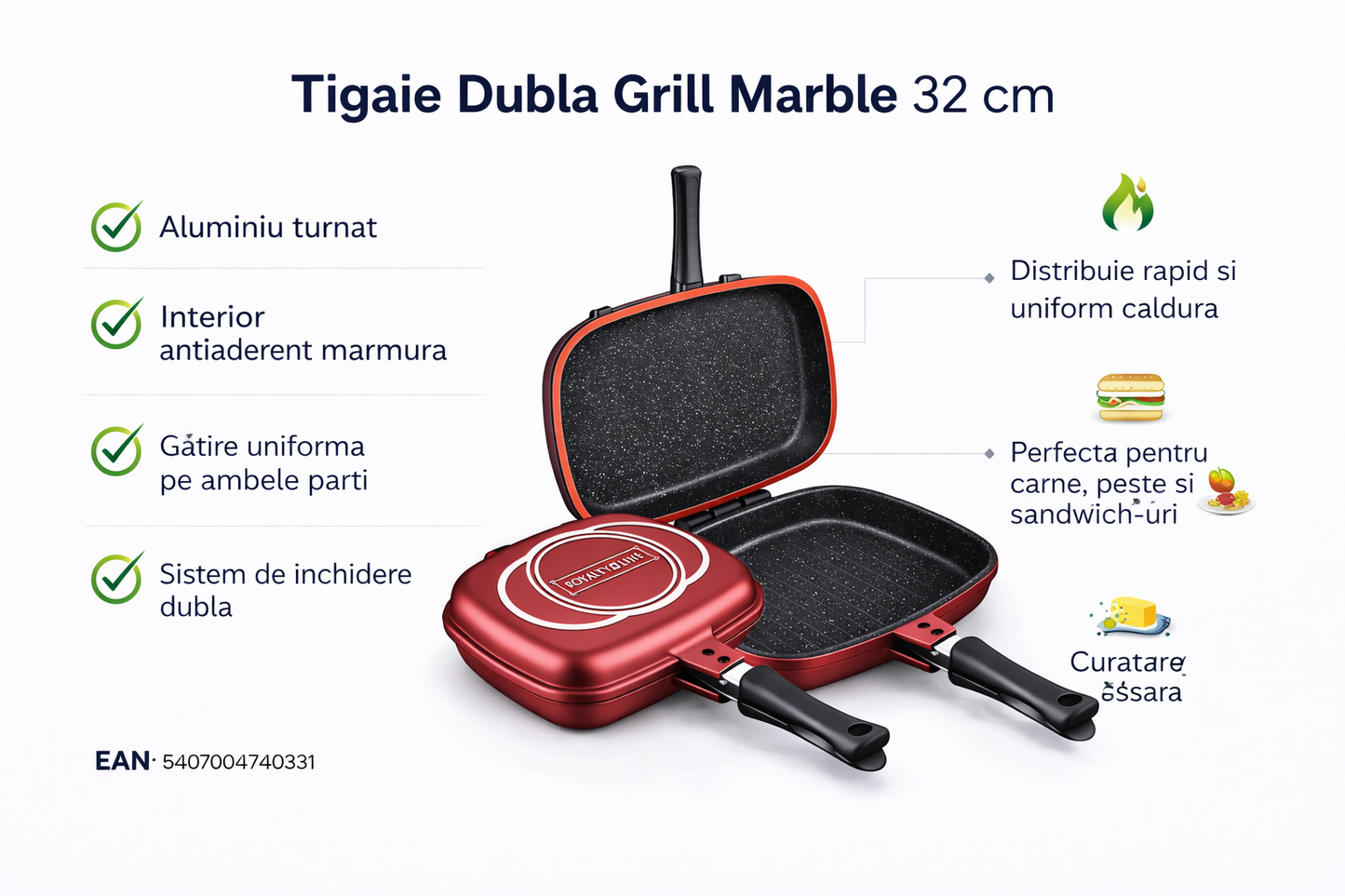 Tigaie Dubla Grill Marble 32 cm, Aluminiu Turnat, Royalty Line