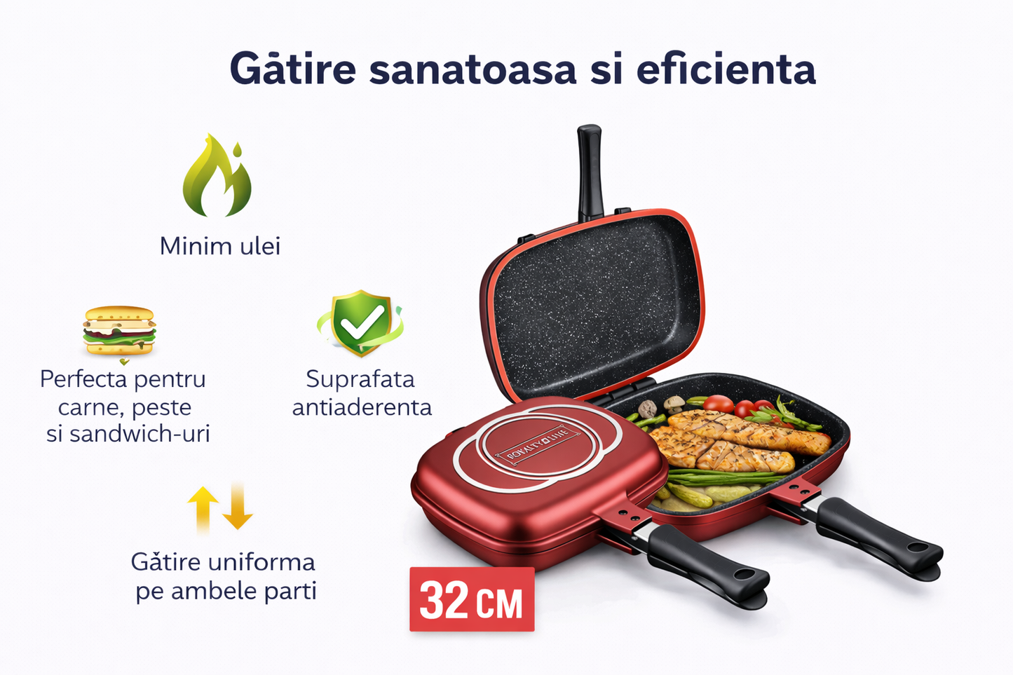 Tigaie Dubla Grill Marble 32 cm, Aluminiu Turnat, Royalty Line
