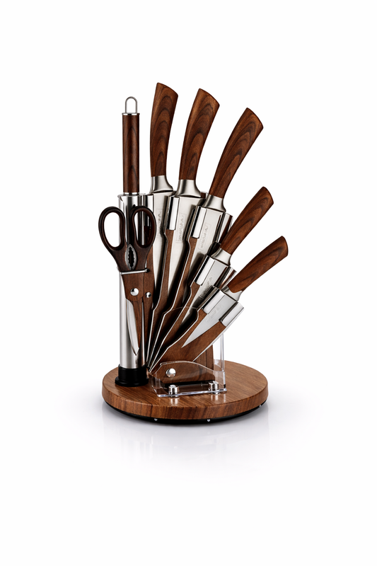 Set Cutite Bucatarie Royalty Line Professional, 8 Piese, Inox, Suport Rotativ, Aspect Lemn