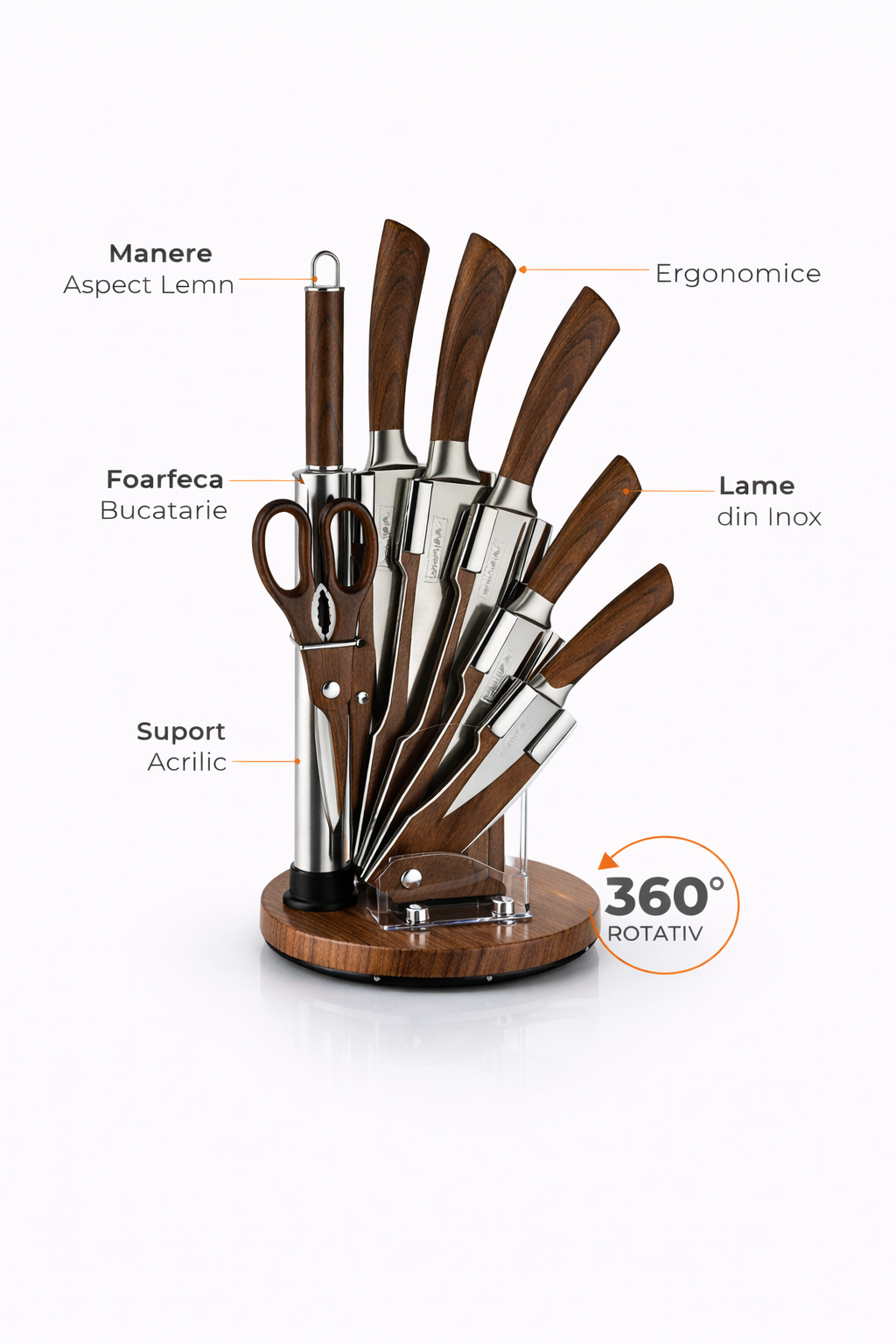 Set Cutite Bucatarie Royalty Line Professional, 8 Piese, Inox, Suport Rotativ, Aspect Lemn
