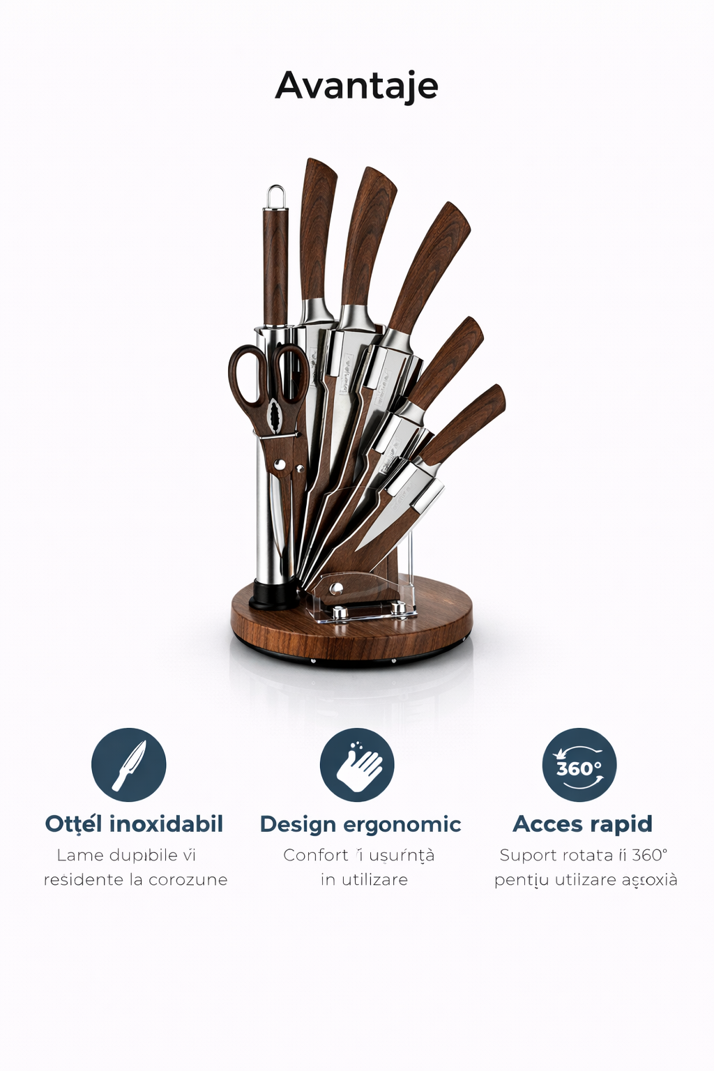 Set Cutite Bucatarie Royalty Line Professional, 8 Piese, Inox, Suport Rotativ, Aspect Lemn