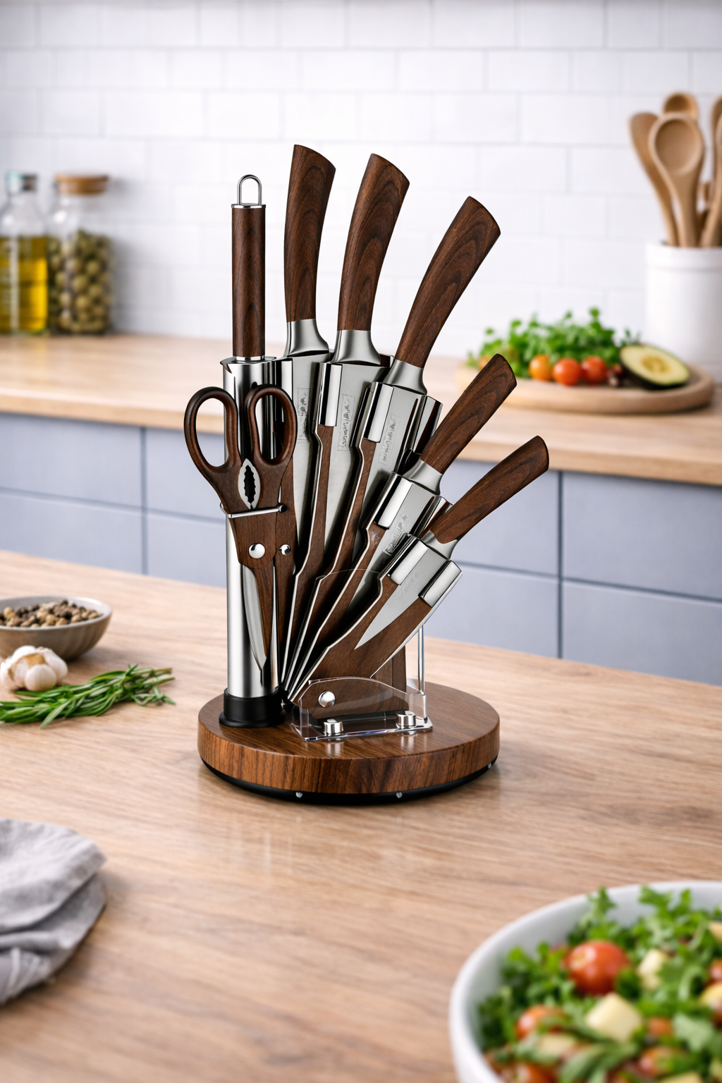 Set Cutite Bucatarie Royalty Line Professional, 8 Piese, Inox, Suport Rotativ, Aspect Lemn