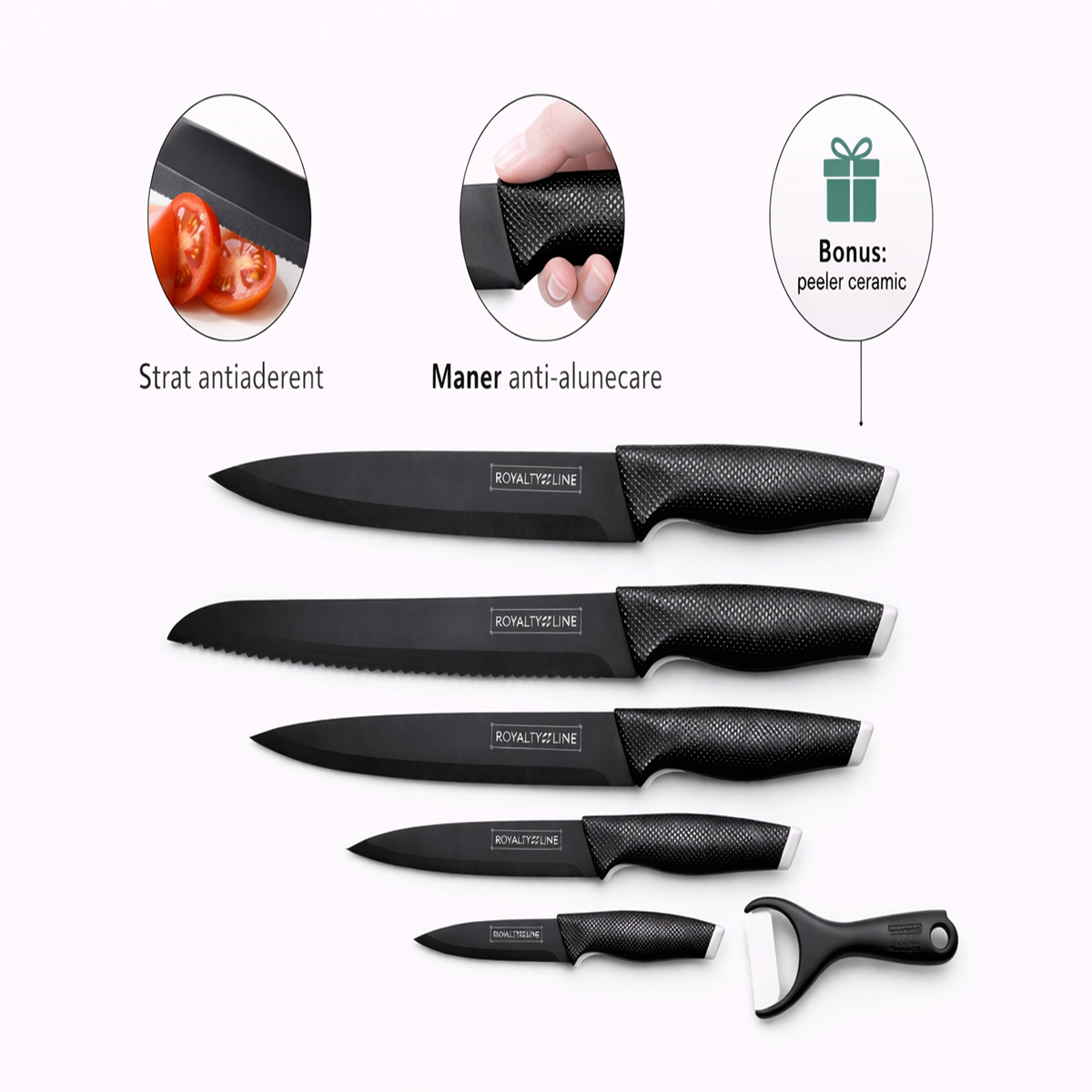 Set Cutite Bucatarie Royalty Line, 5 Piese, Inox cu Strat Antiaderent, Peeler Ceramic Inclus