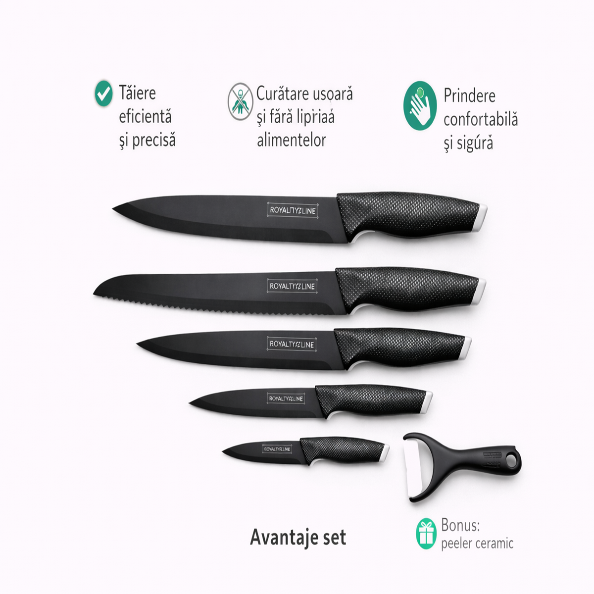 Set Cutite Bucatarie Royalty Line, 5 Piese, Inox cu Strat Antiaderent, Peeler Ceramic Inclus