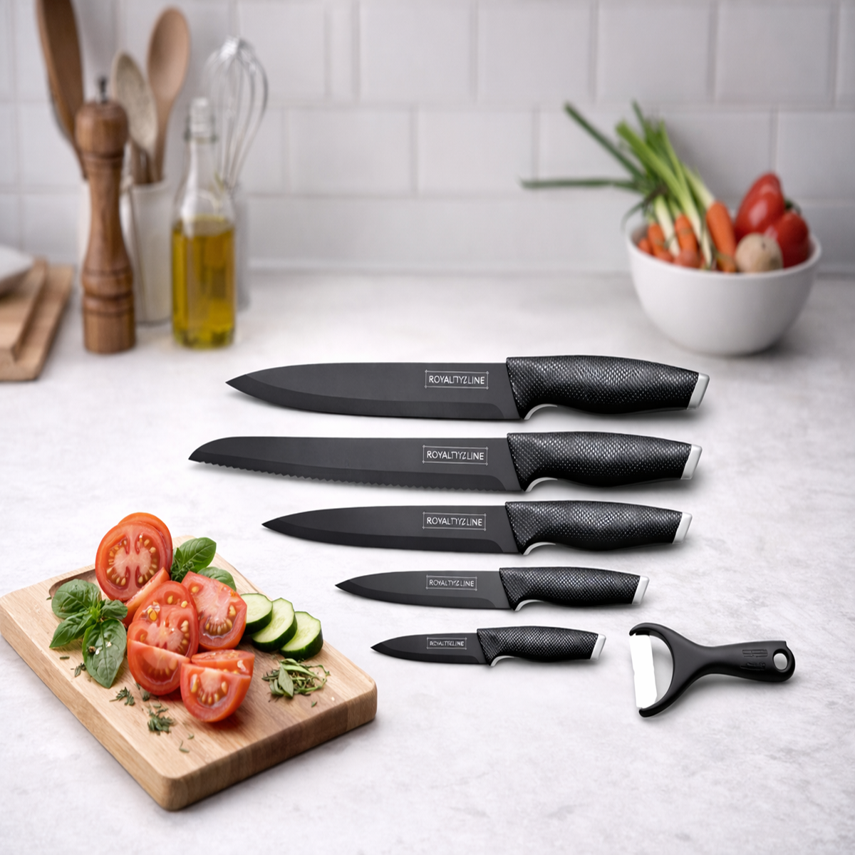 Set Cutite Bucatarie Royalty Line, 5 Piese, Inox cu Strat Antiaderent, Peeler Ceramic Inclus