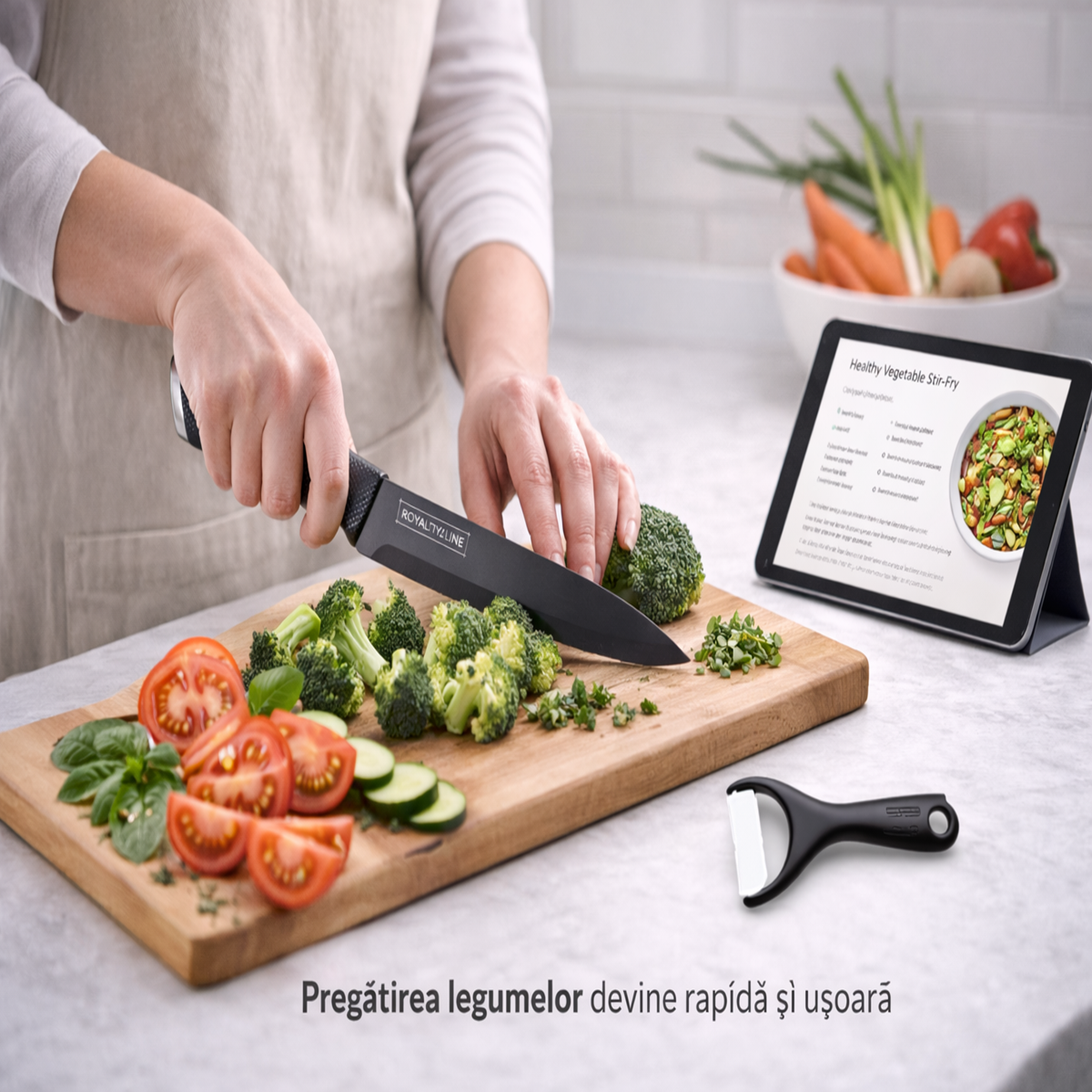Set Cutite Bucatarie Royalty Line, 5 Piese, Inox cu Strat Antiaderent, Peeler Ceramic Inclus
