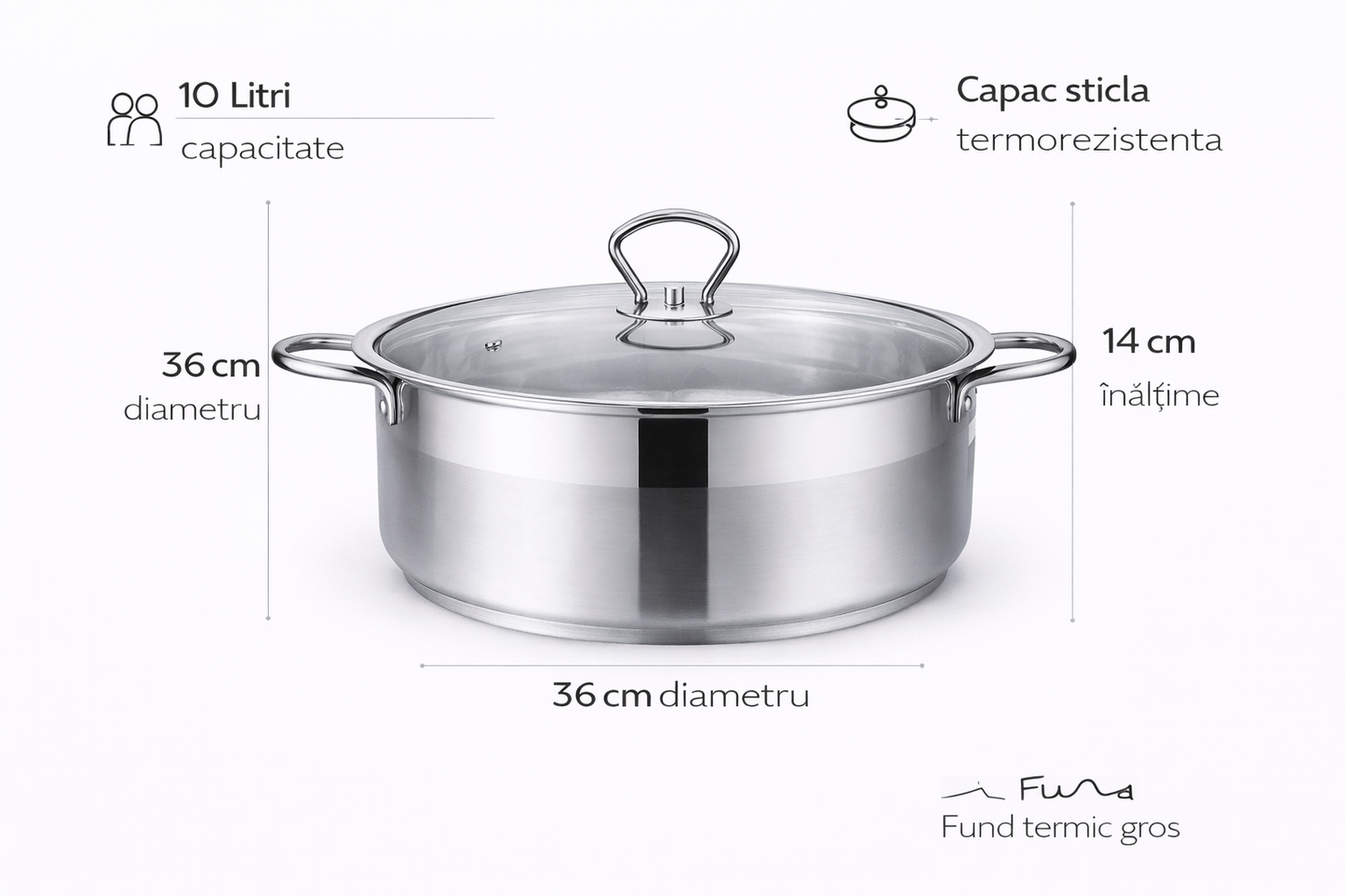 Oala Inox 10L, 36 x 14 cm, Capac Sticla Termorezistenta, Royalty Line