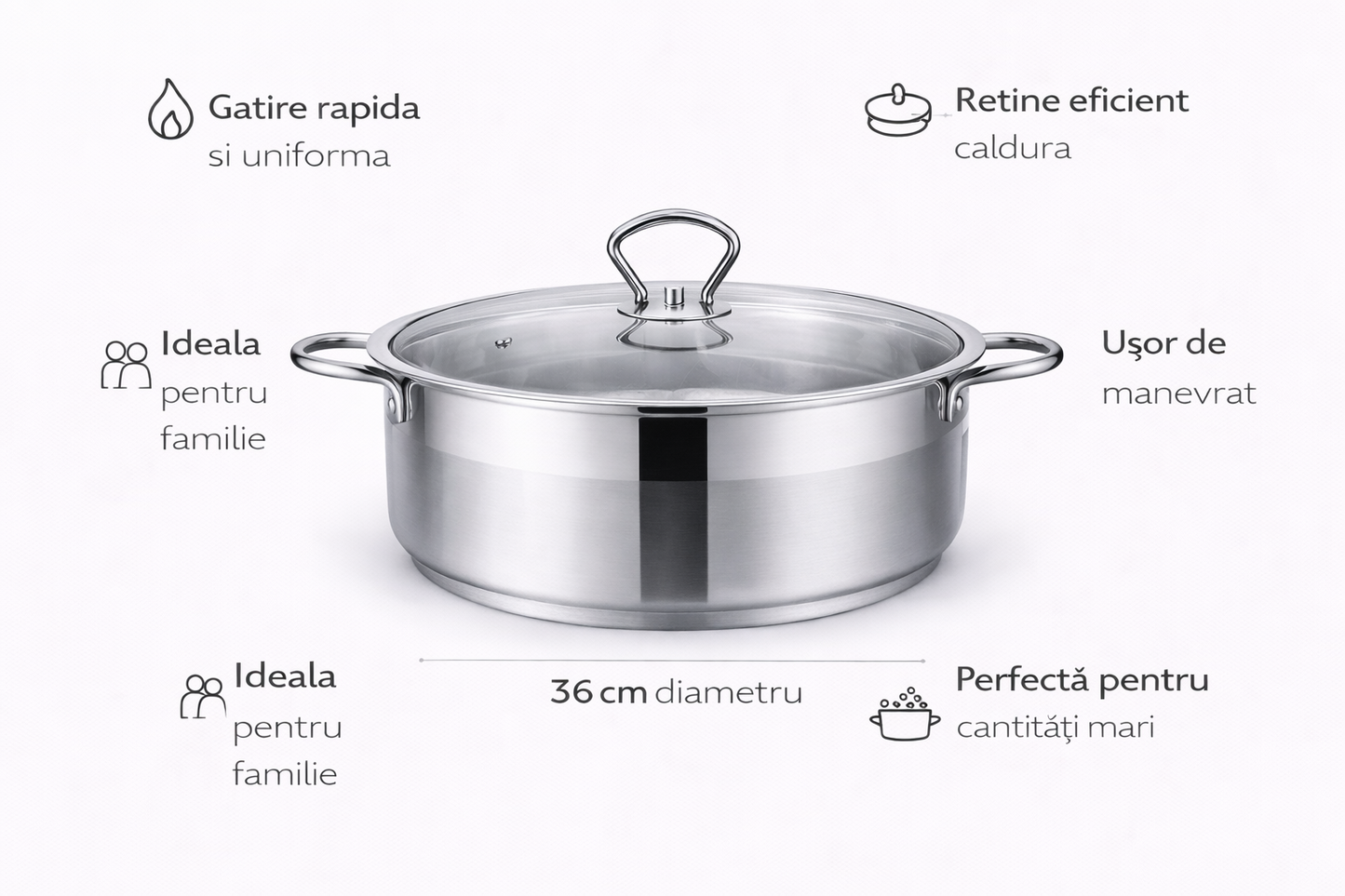 Oala Inox 10L, 36 x 14 cm, Capac Sticla Termorezistenta, Royalty Line