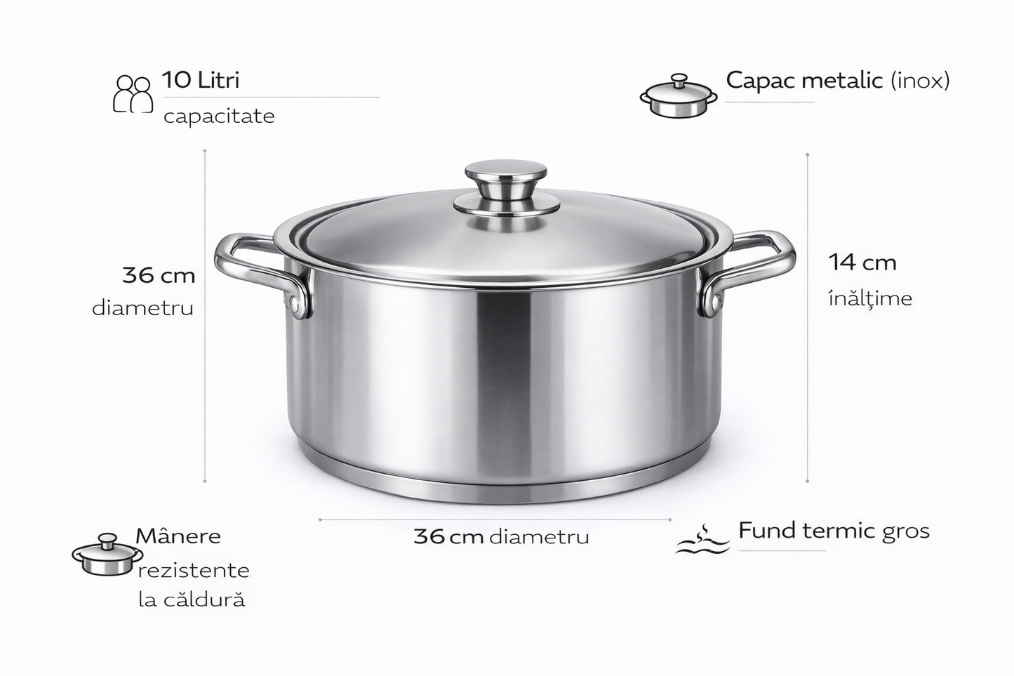 Cratita Inox 10L, 36 x 14 cm, Capac Metalic, Fund Termic, Royalty Line
