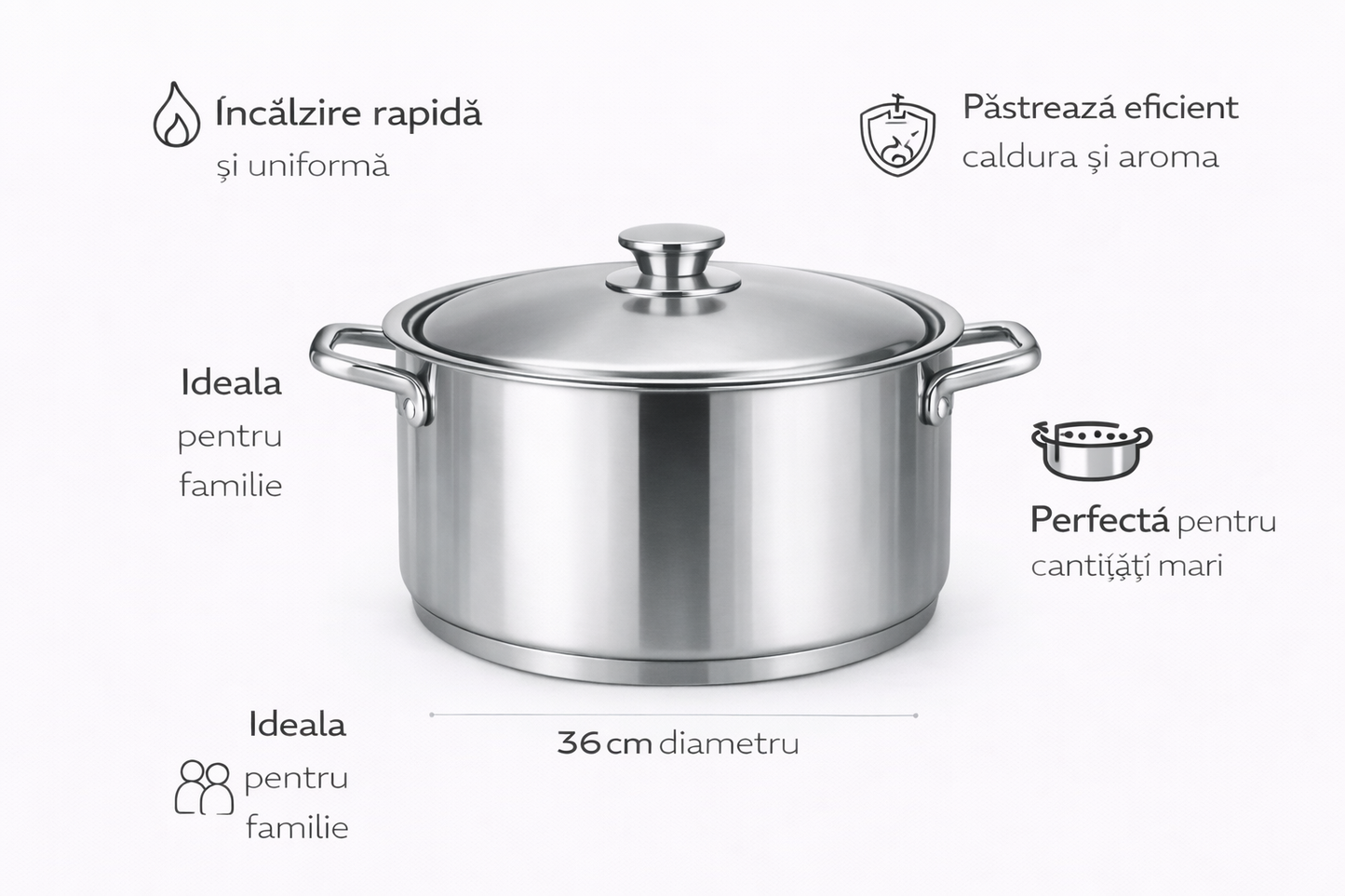Cratita Inox 10L, 36 x 14 cm, Capac Metalic, Fund Termic, Royalty Line