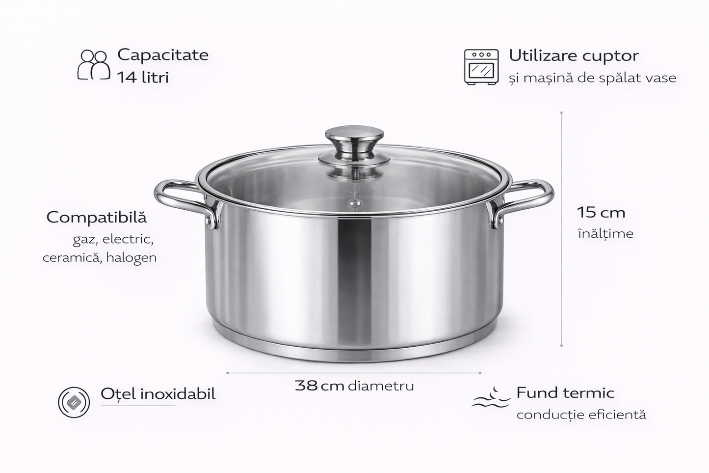 Cratita Inox Royalty Line 14L, 38 x 15 cm, Capac din Sticla Termorezistenta