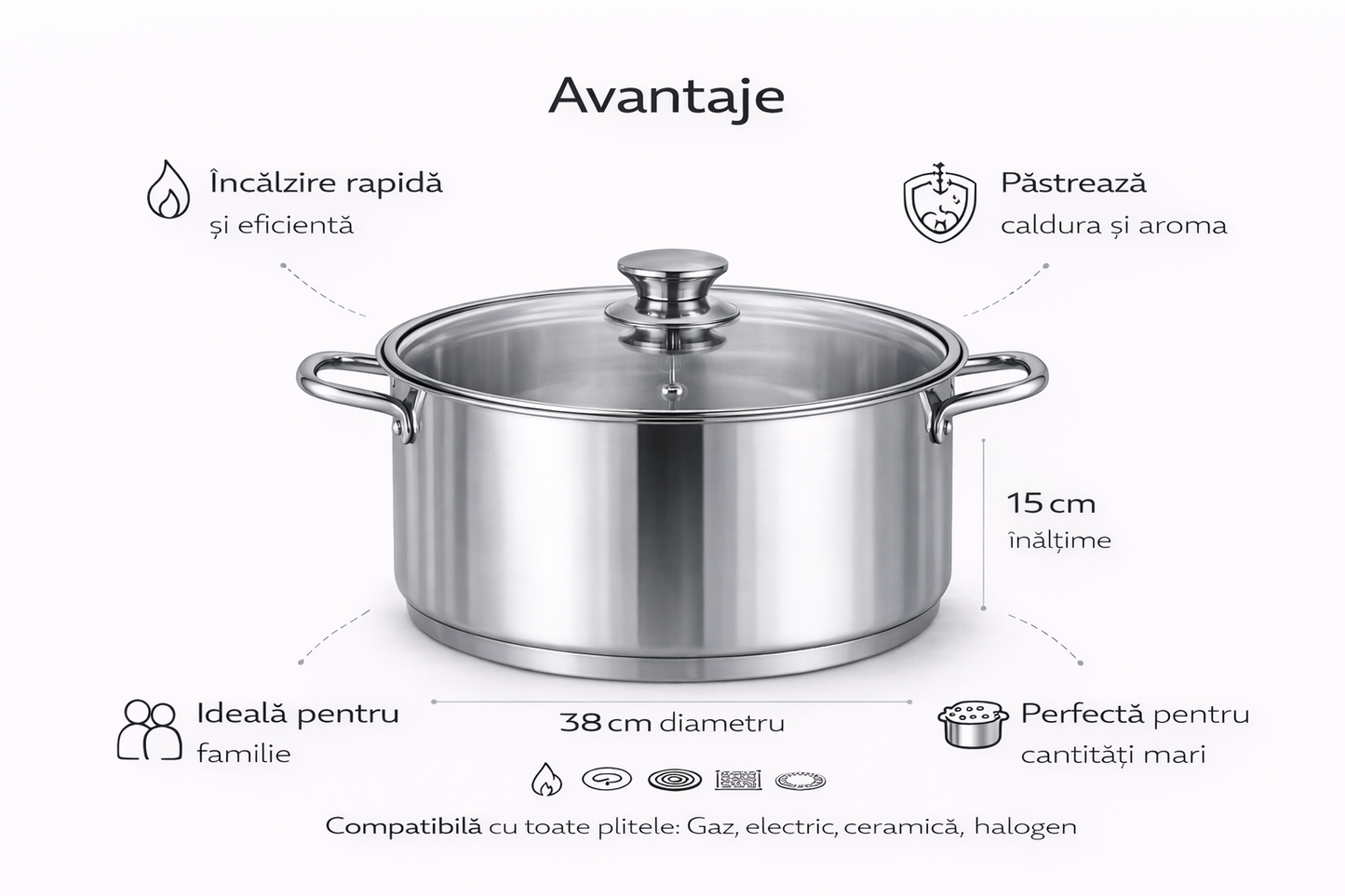 Cratita Inox Royalty Line 14L, 38 x 15 cm, Capac din Sticla Termorezistenta