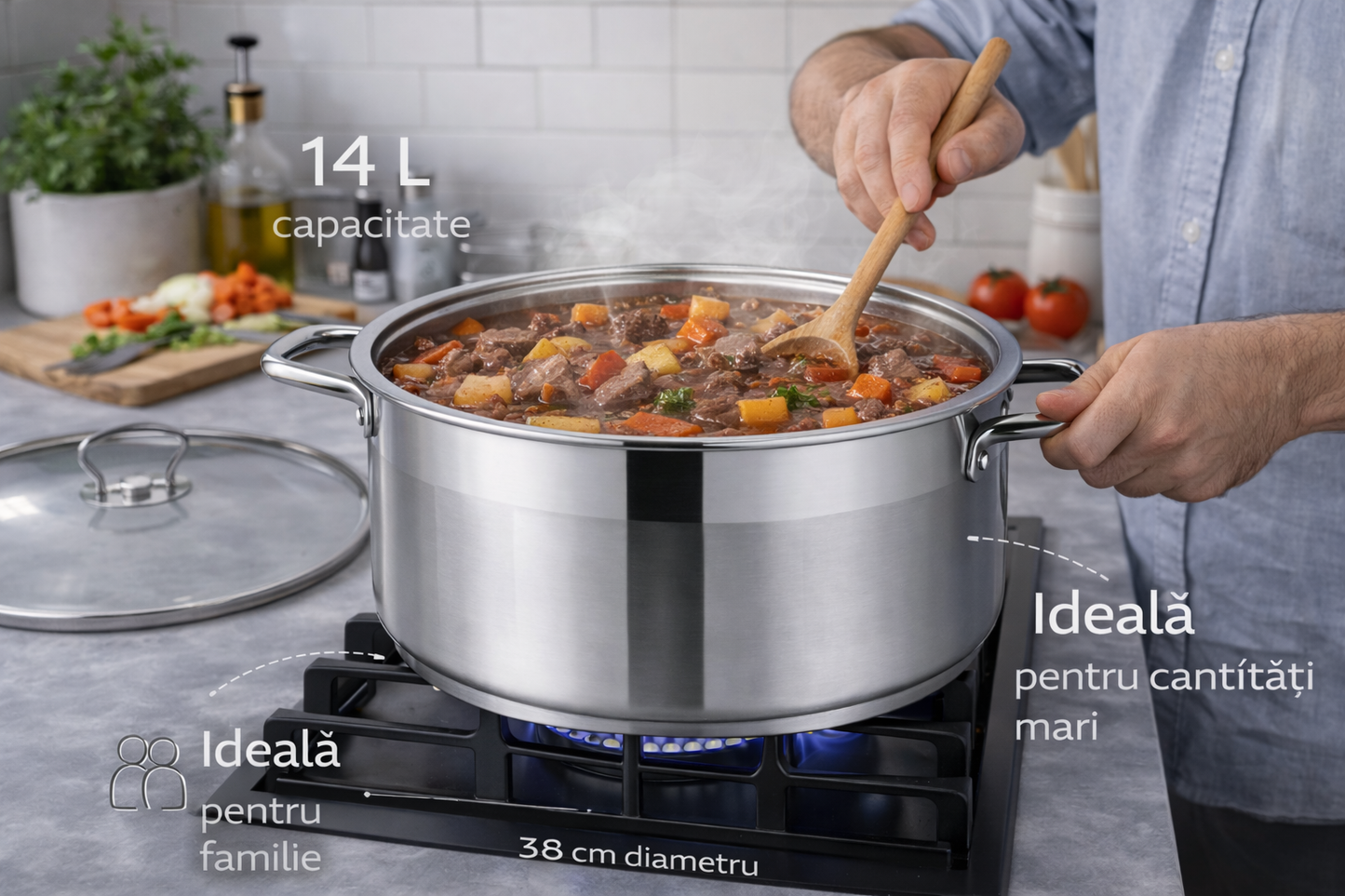Cratita Inox Royalty Line 14L, 38 x 15 cm, Capac din Sticla Termorezistenta
