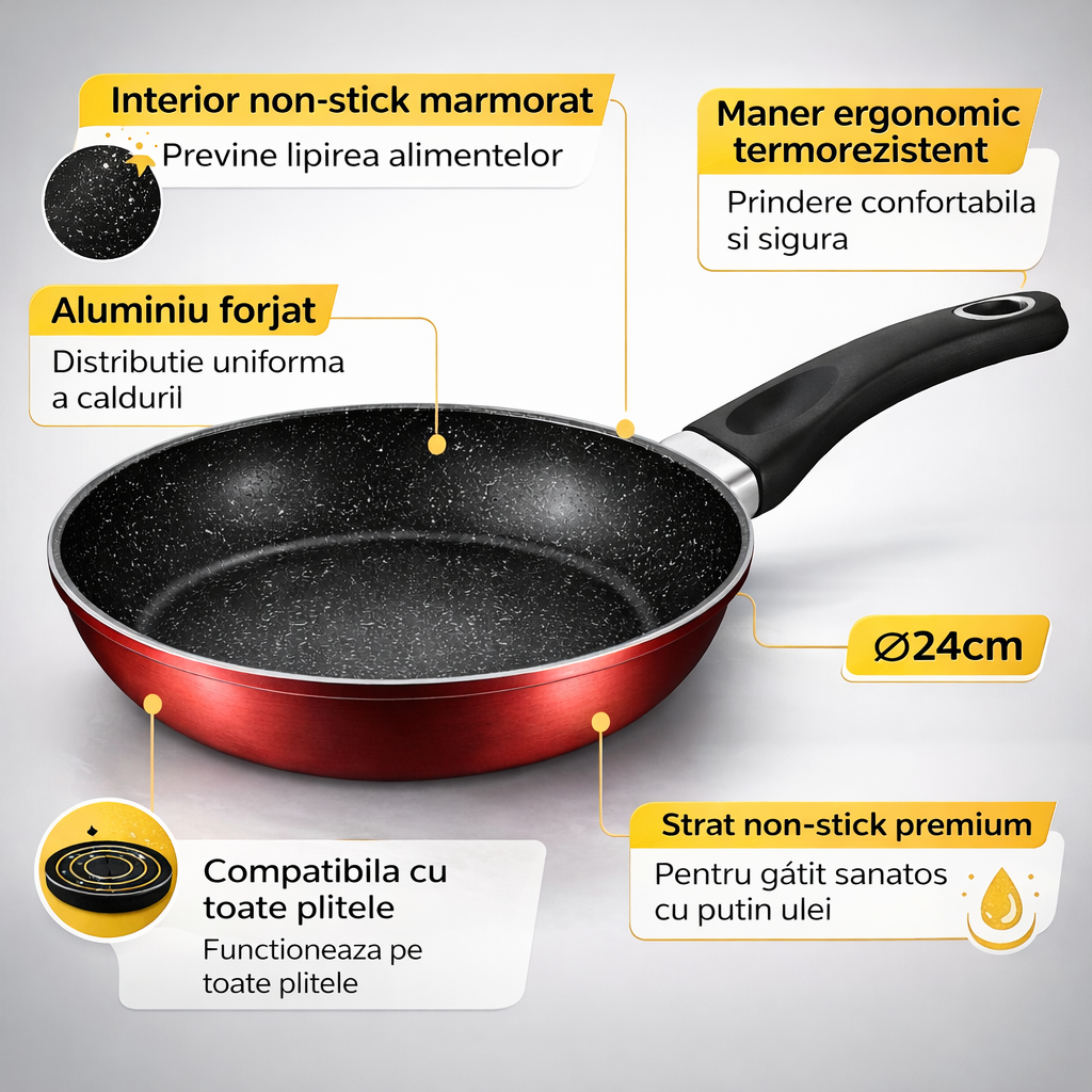 Tigaie Royalty Line 24 cm, Aluminiu Forjat, Interior Marmorat, Compatibila Inductie