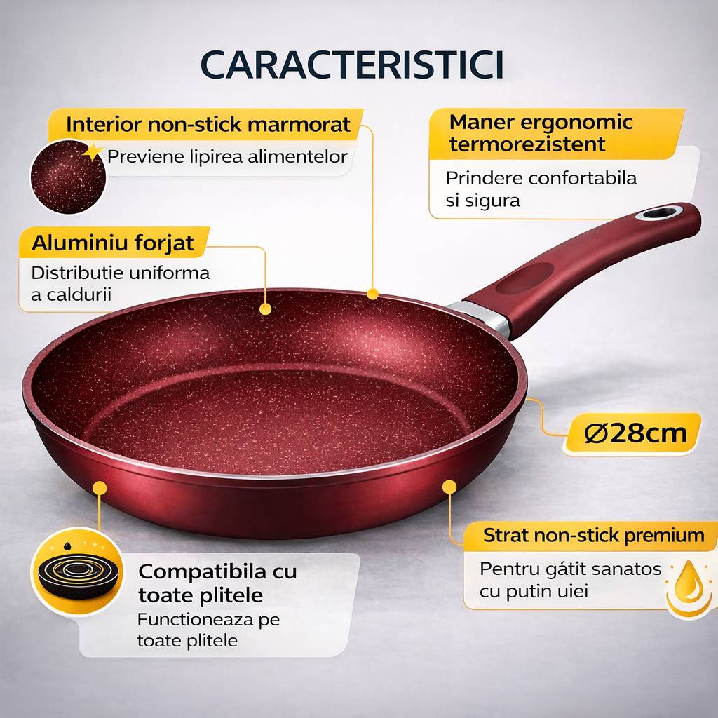 Tigaie Royalty Line 28 cm, Aluminiu Forjat, Interior Marmorat, Compatibila Inductie