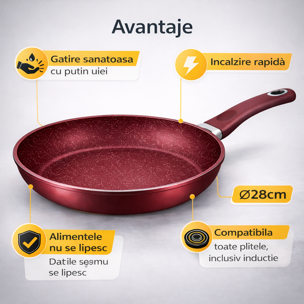 Tigaie Royalty Line 28 cm, Aluminiu Forjat, Interior Marmorat, Compatibila Inductie
