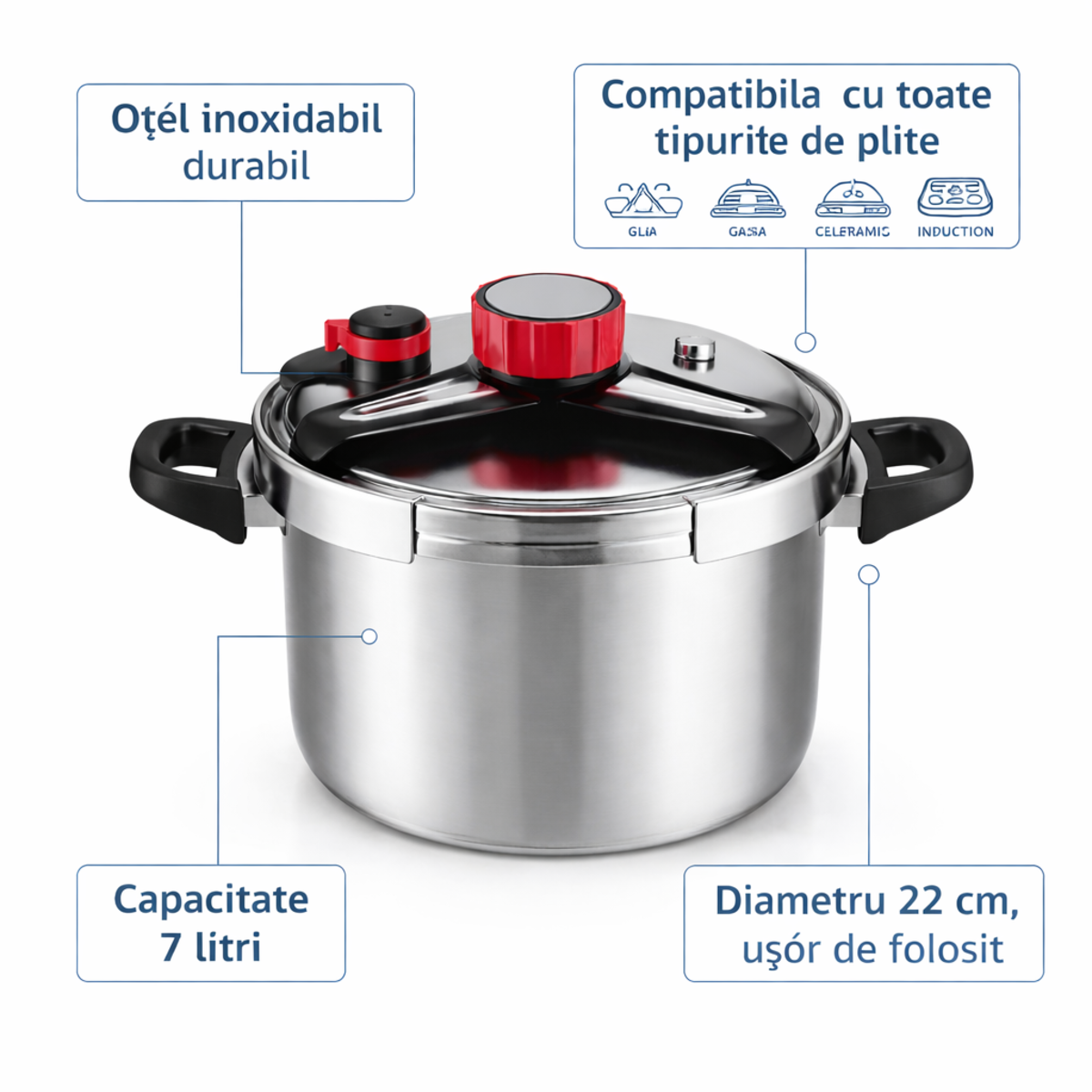 Oala Sub Presiune Inox 7 Litri, 22 cm, Compatibila cu Toate Tipurile de Plite