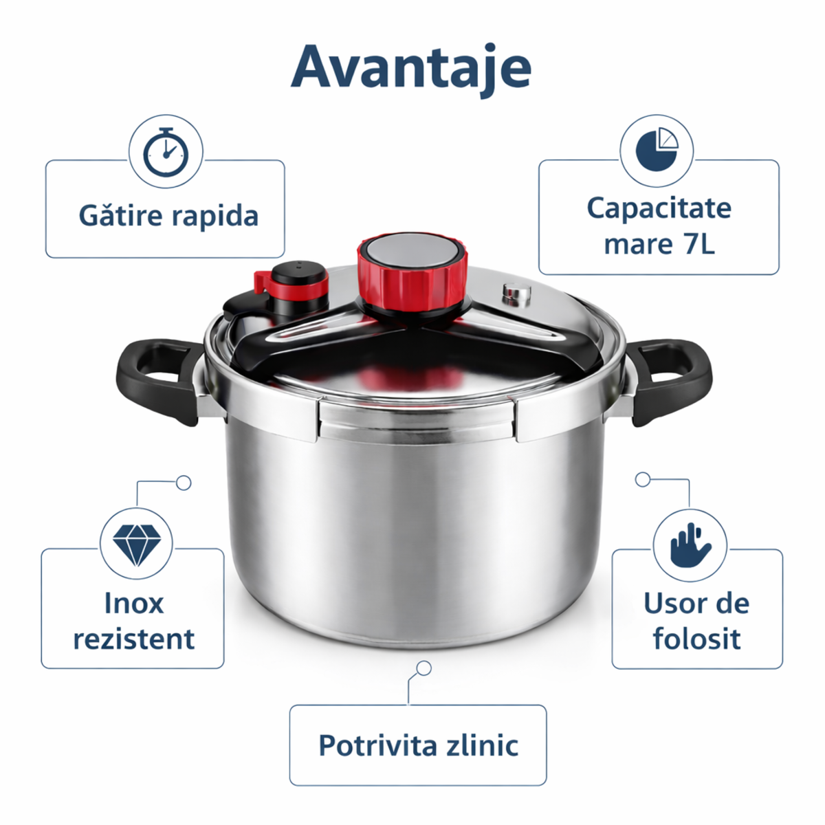 Oala Sub Presiune Inox 7 Litri, 22 cm, Compatibila cu Toate Tipurile de Plite