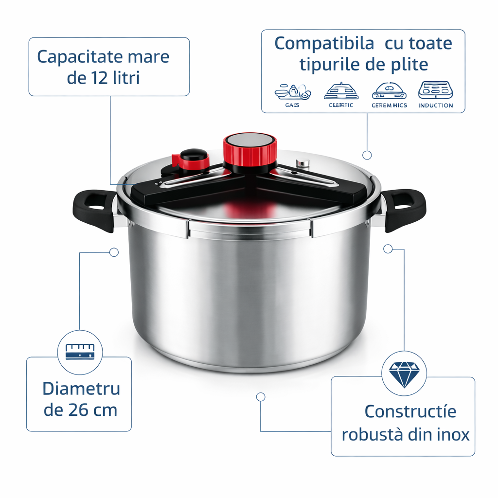 Oala Sub Presiune Inox 12 Litri, 26 cm, Compatibila cu Toate Tipurile de Plite