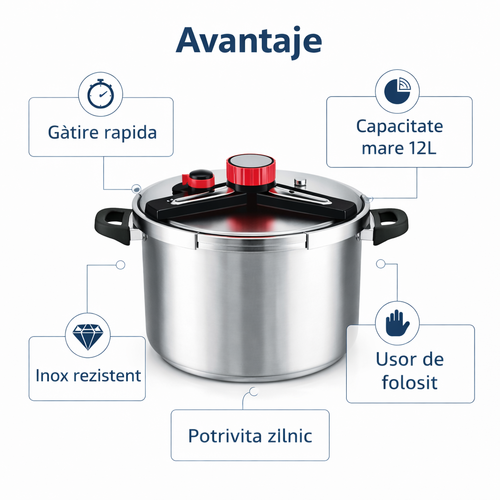 Oala Sub Presiune Inox 12 Litri, 26 cm, Compatibila cu Toate Tipurile de Plite