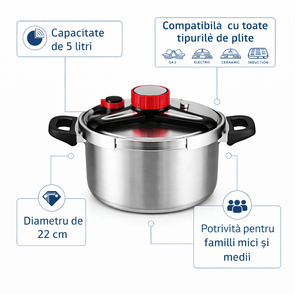 Oala Sub Presiune Inox 5 Litri, 22 cm, Compatibila cu Toate Tipurile de Plite