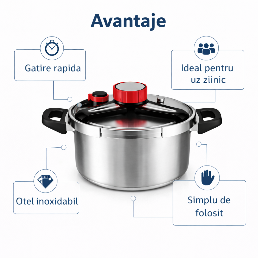 Oala Sub Presiune Inox 5 Litri, 22 cm, Compatibila cu Toate Tipurile de Plite