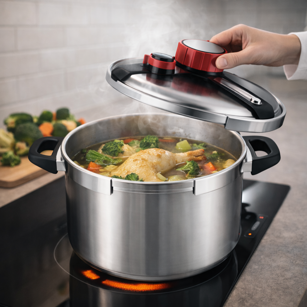Oala Sub Presiune Inox 5 Litri, 22 cm, Compatibila cu Toate Tipurile de Plite