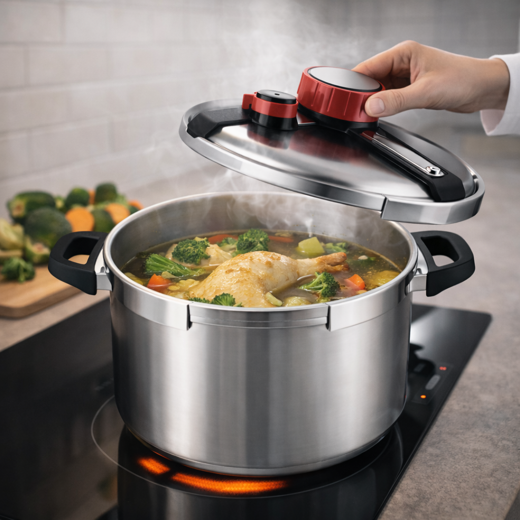Oala Sub Presiune Inox 9 Litri, 26 cm, Compatibila cu Toate Tipurile de Plite