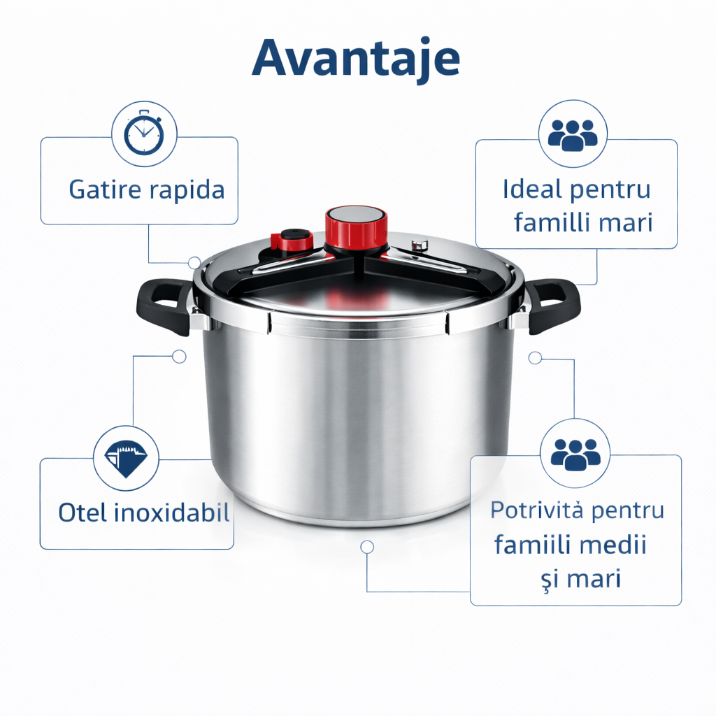 Oala Sub Presiune Inox 9 Litri, 26 cm, Compatibila cu Toate Tipurile de Plite