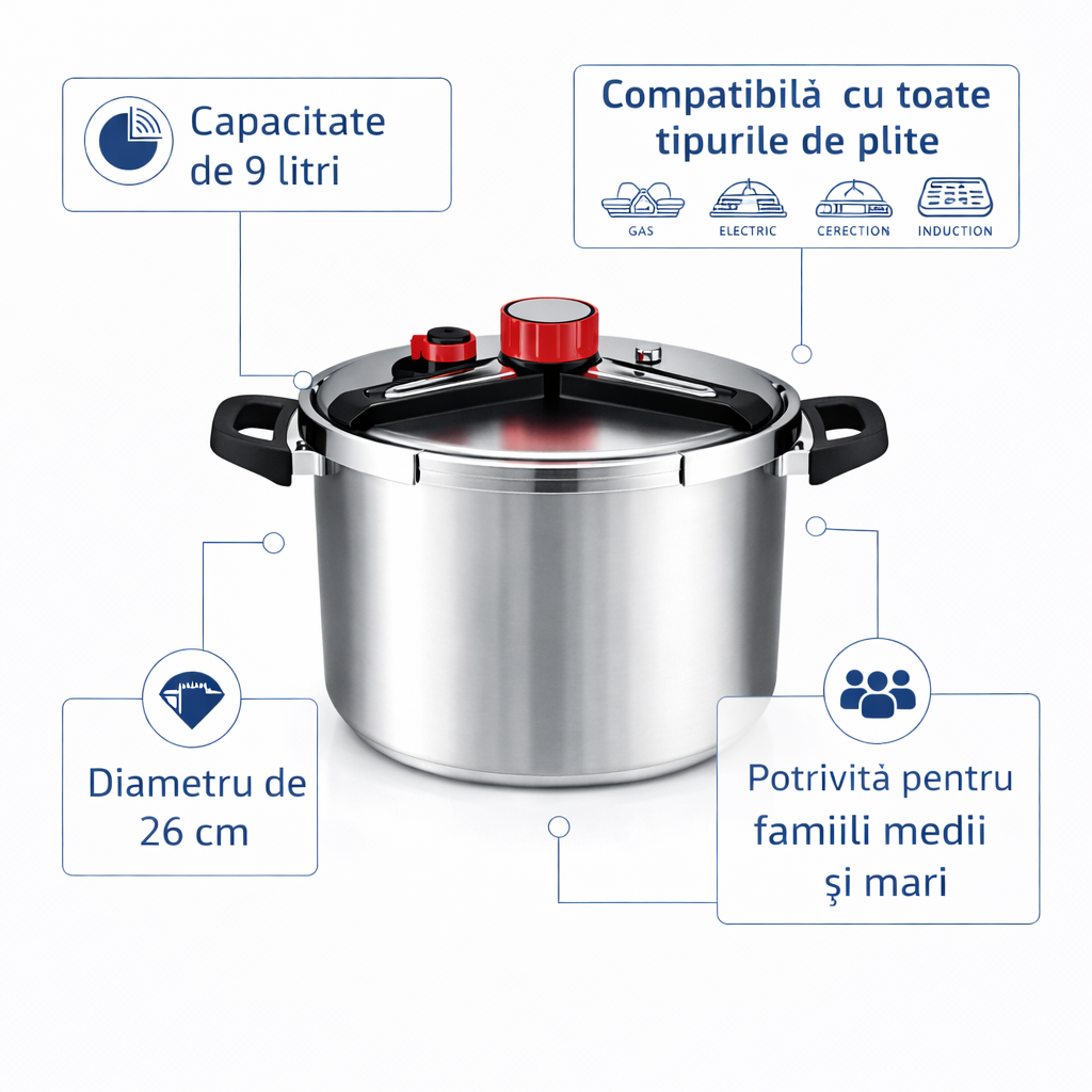 Oala Sub Presiune Inox 9 Litri, 26 cm, Compatibila cu Toate Tipurile de Plite
