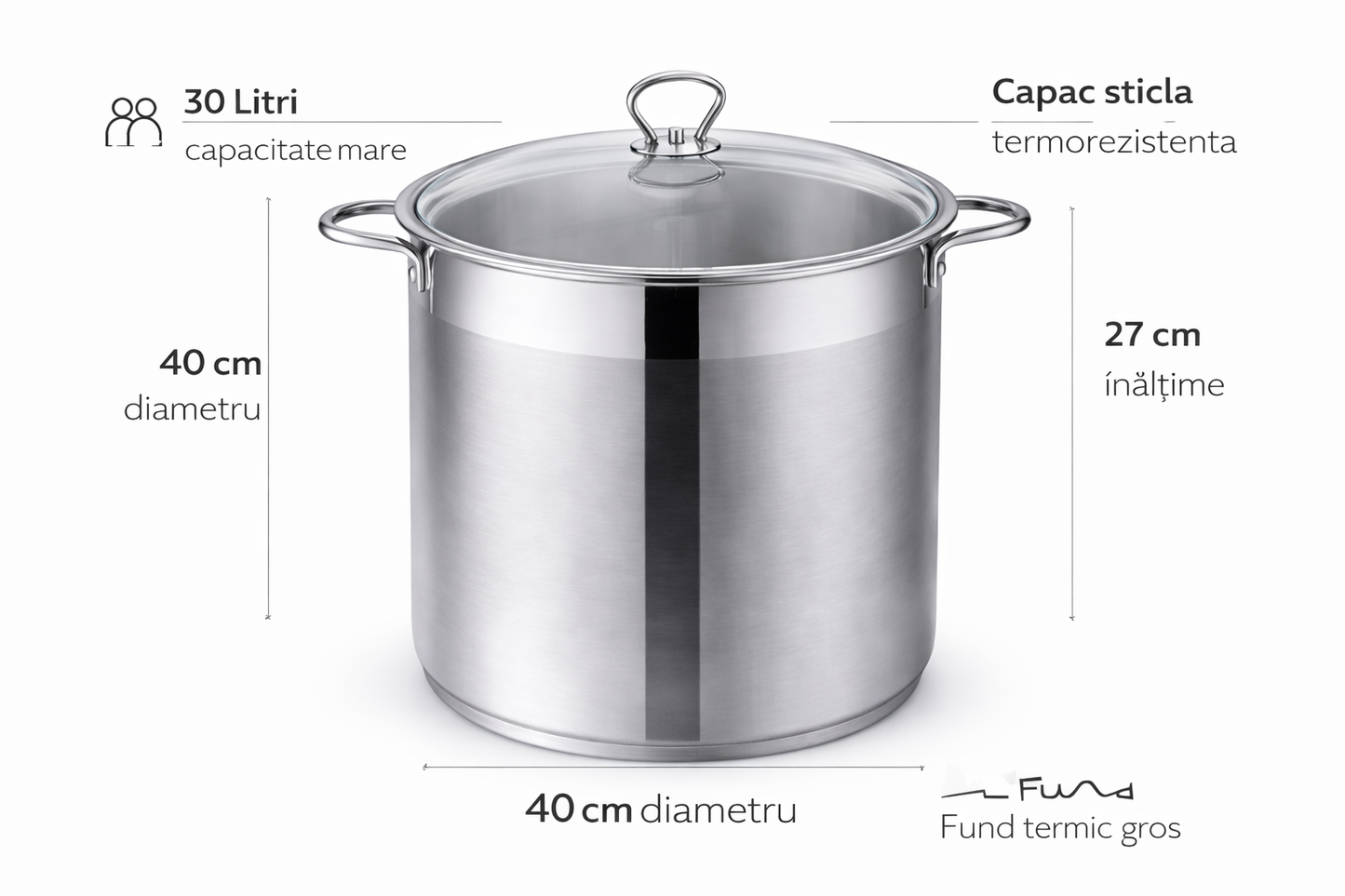 Oala Inox Royalty Line 40 x 27 cm, 30L, Capac din Sticla Termorezistenta