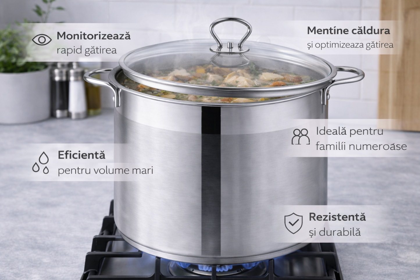 Oala Inox Royalty Line 40 x 27 cm, 30L, Capac din Sticla Termorezistenta