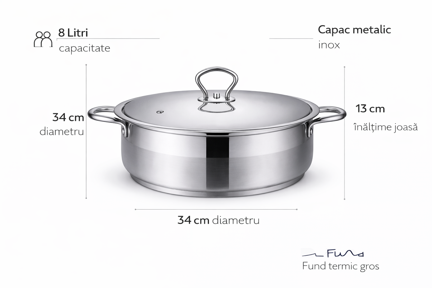 Cratita Inox Royalty Line 34 x 13 cm, 8L, Capac Metalic, Fund Termic