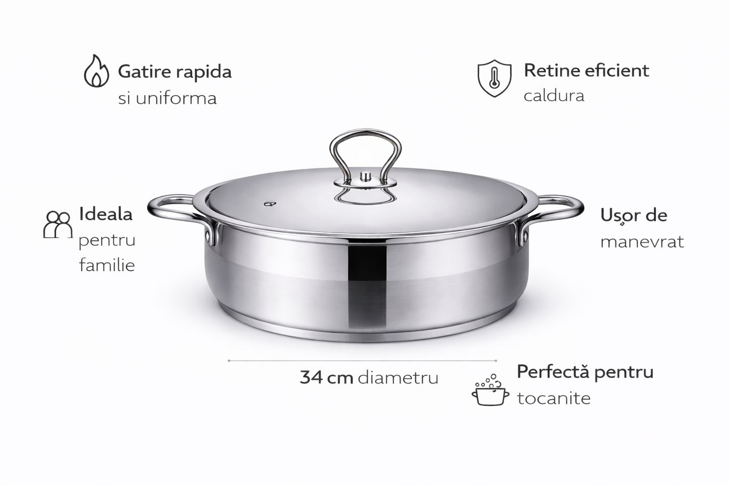 Cratita Inox Royalty Line 34 x 13 cm, 8L, Capac Metalic, Fund Termic